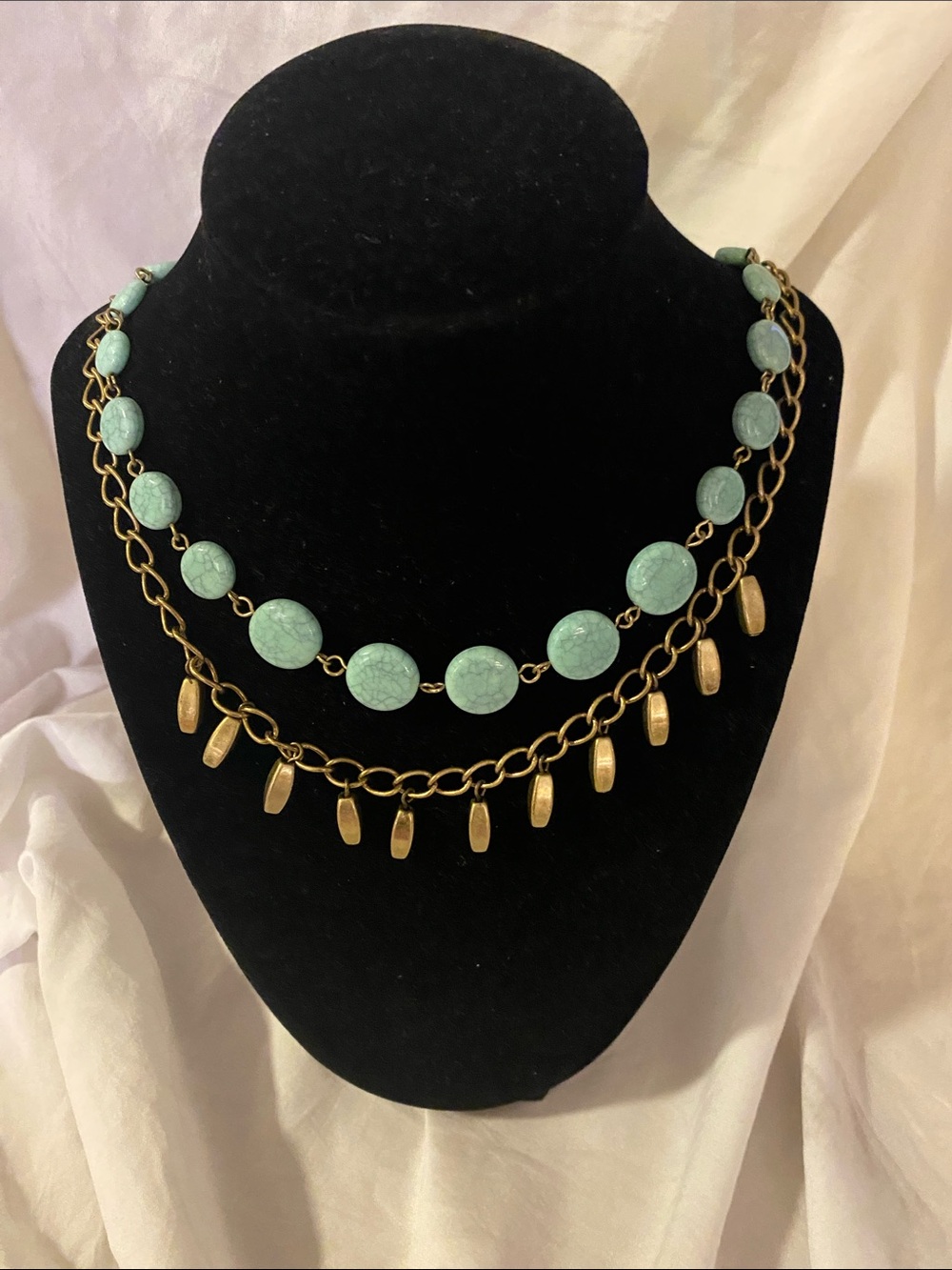 Vintage, Layered Mint Turquoise Bead Necklace with Gold Chain Accents